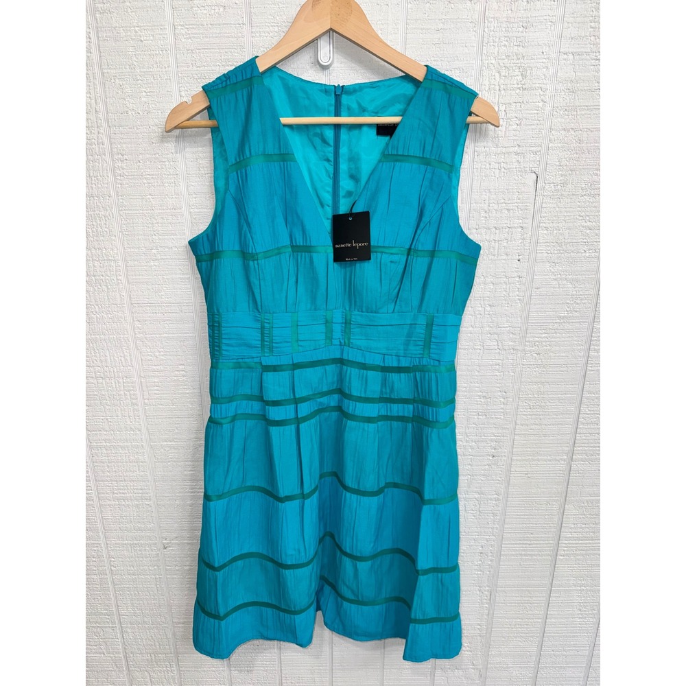 Nanette Lepore Gonna Follow U Dress Womens Teal Ribbon Stripe V-Neck Size 8